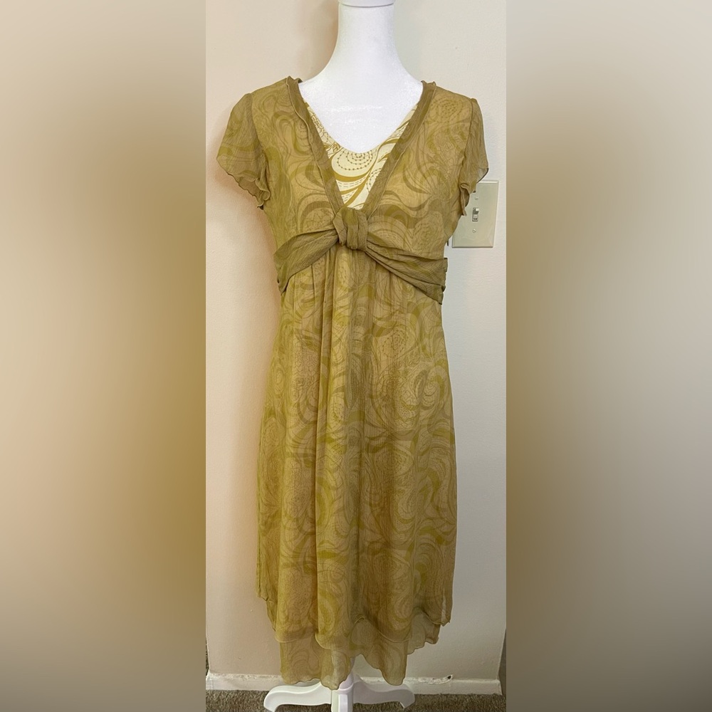 J. Jill Women’s Silk & Linen A line Midi Sheer Gold Emy Crepe Dress Size Small
